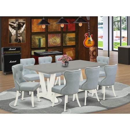 East West Furniture 9 Piece V-Style Dining Table Set - Linen White V097SI215-9